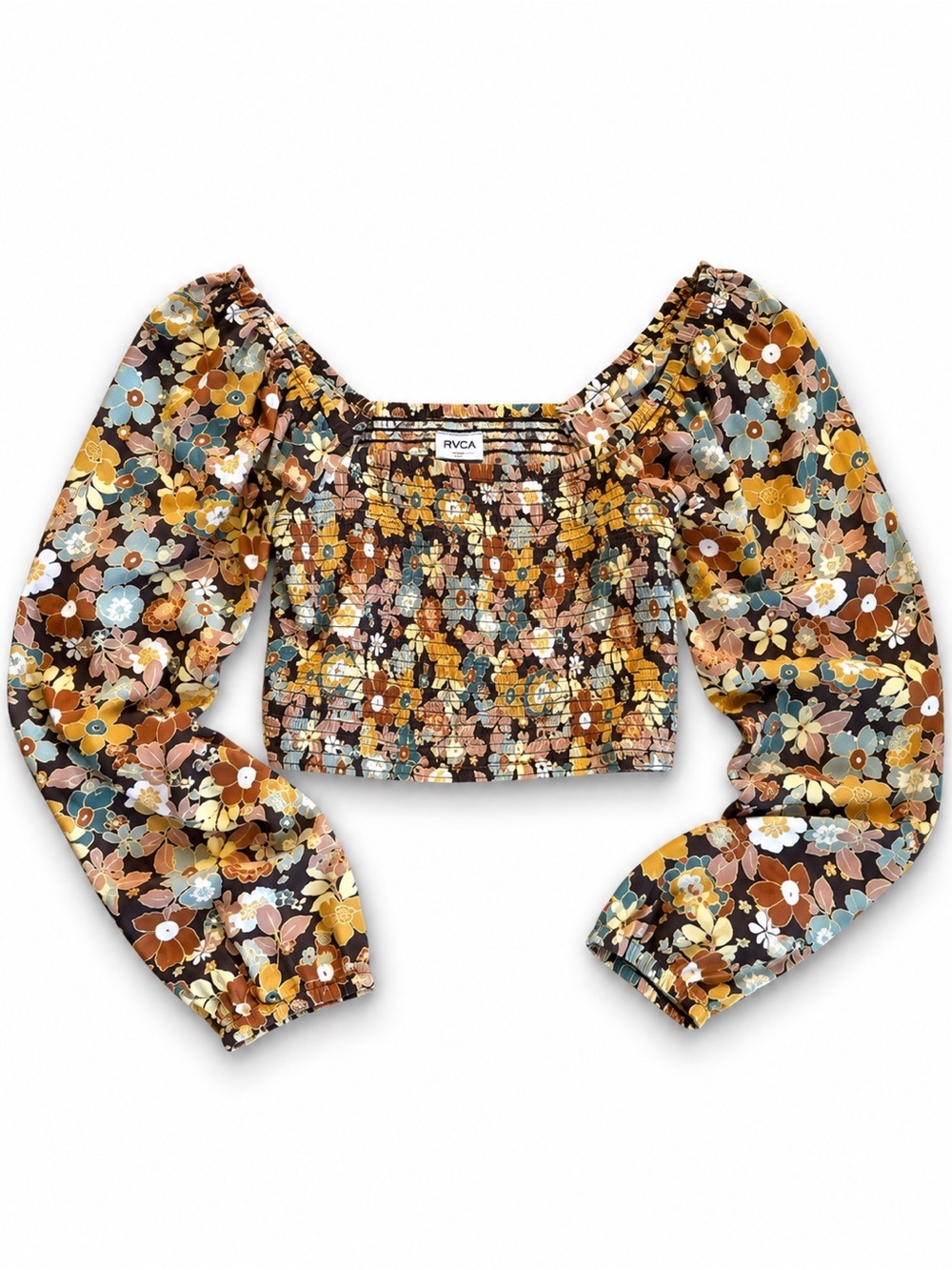 RVCA Floral Smocked Crop Top Puff Sleeve Blouse Women’s Small